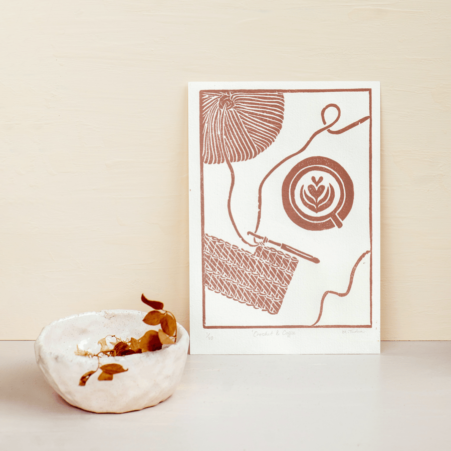 Crochet & Coffee A5 Original Lino Print