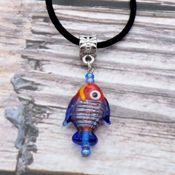 Blue And Red Lamp work Glass Fish Pendant- 18 Inch Faux Suede Necklace