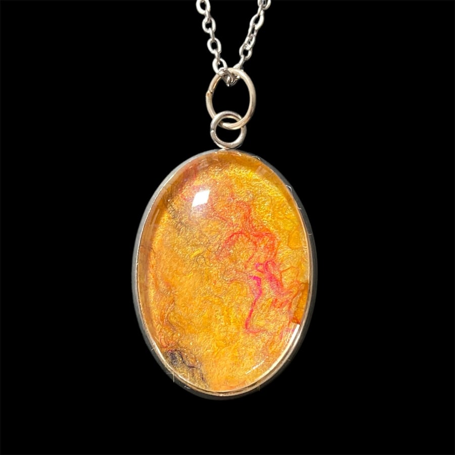 Handmade felted wool & silk pendant - set in tray with cabochon, yellow