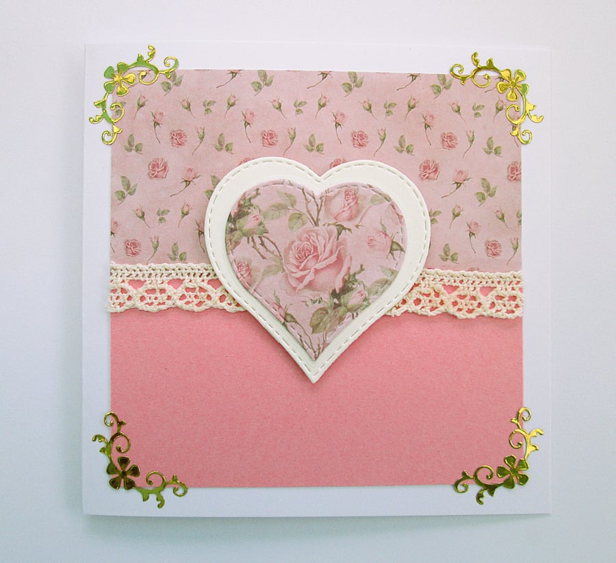 Pink roses and lace heart card for Valentines, a wedding or an anniversary