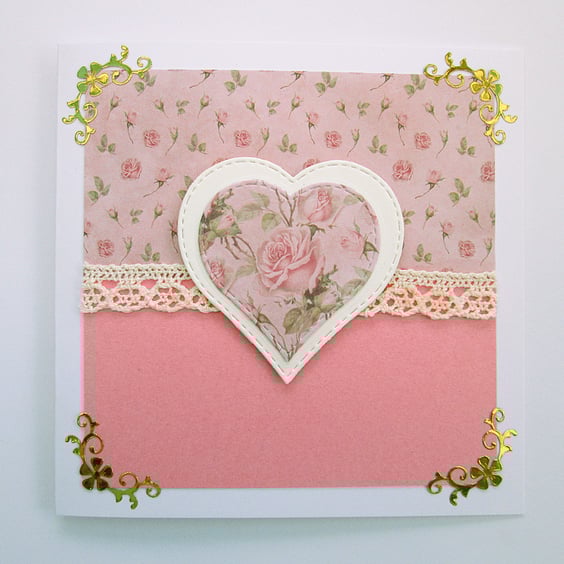 Pink roses and lace heart card for Valentines, a wedding or an anniversary