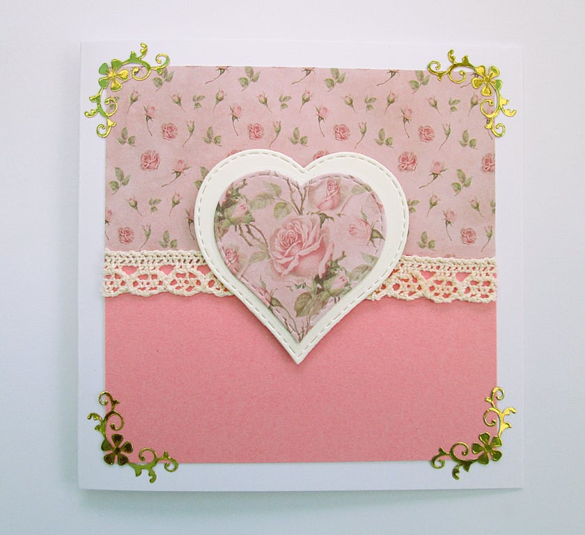Pink roses and lace heart card for Valentines, a wedding or an anniversary