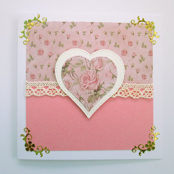 Pink roses and lace heart card for Valentines, a wedding or an anniversary
