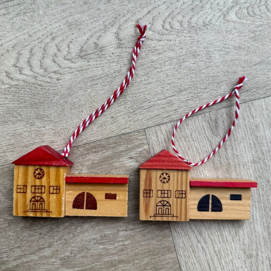 Two Wooden School Ornaments - Plastic-Free Decorations Upcycled from Toys