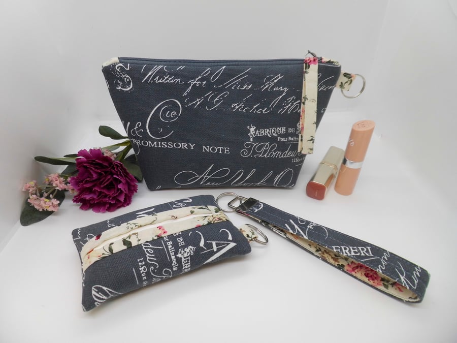 SOLD Set of three matching accessories grey vintage style fabric. E