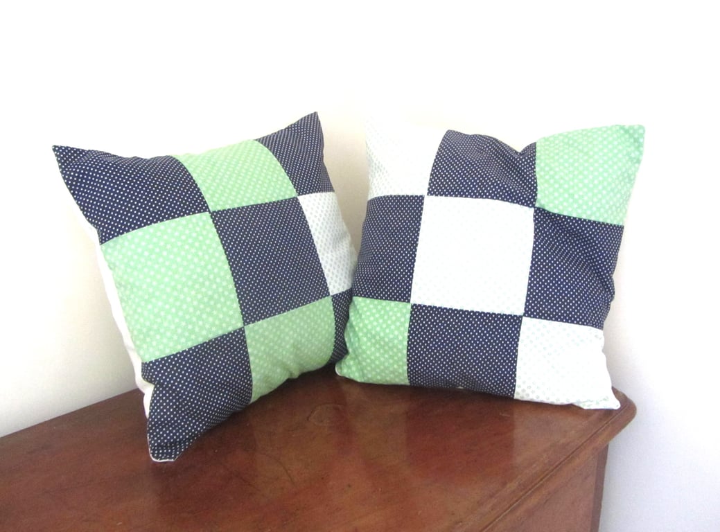 Pair of patchwork green and blue cushion covers