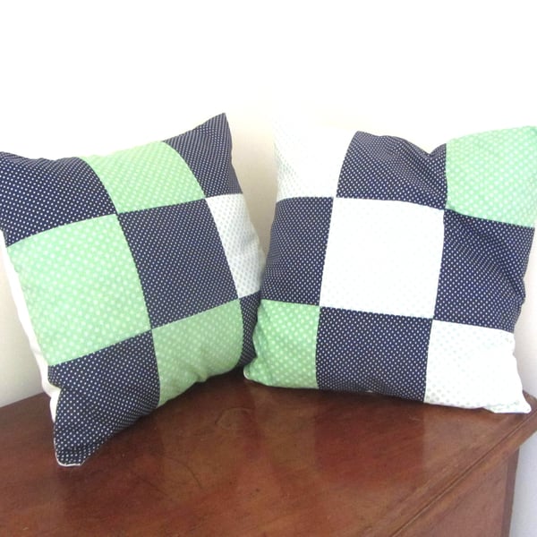 Pair of patchwork green and blue cushion covers