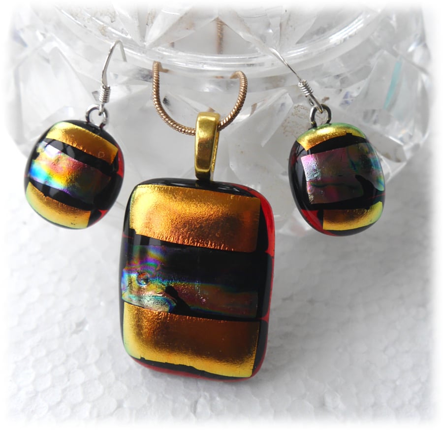 Dichroic Glass Pendant Earring Set 105 Copper Gold with gold plated chain