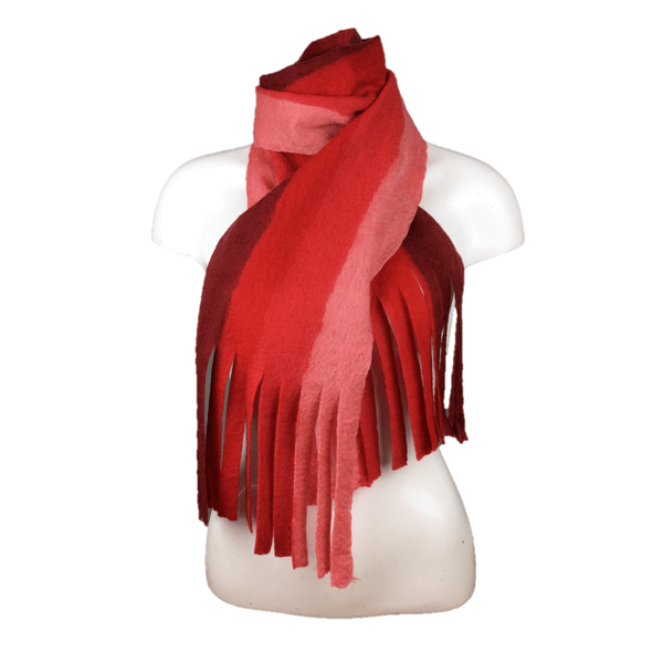 Seconds Sunday - Felted, shades of red striped scarf with tassels