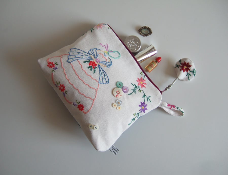 Vintage embroidered crinoline lady clutch bag or toiletries bag.