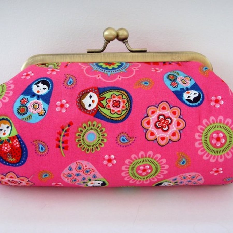 Bright Pink Russian Doll Clutch Bag / Make up Purse
