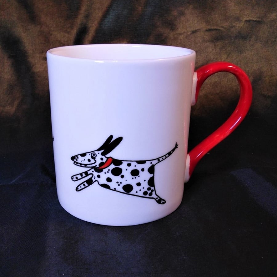 Painted china mug hand decorated with a happy Dalmatians.