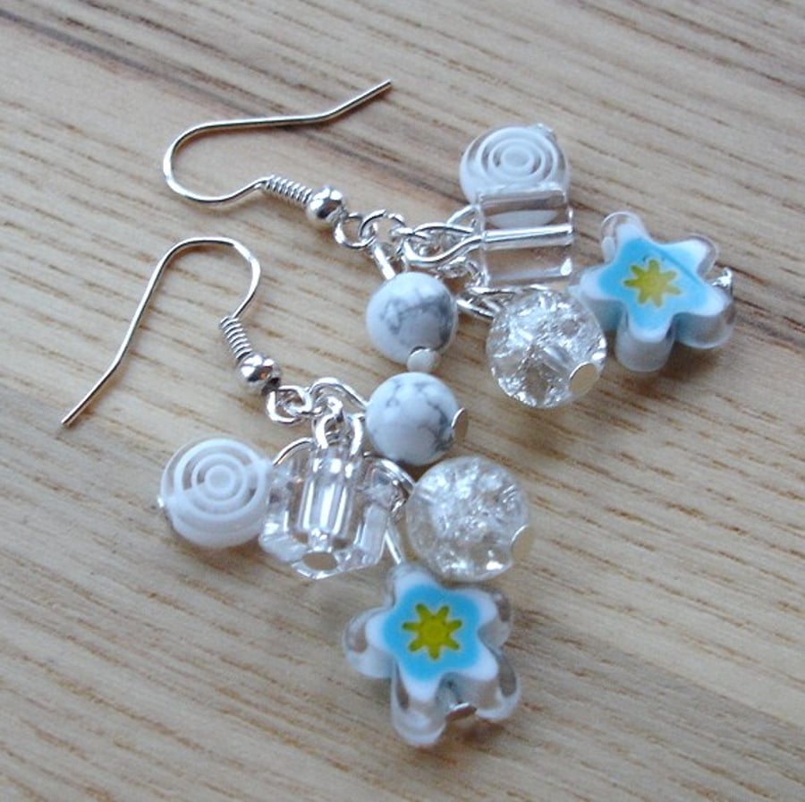 White Flower Glass Bead Cluster Earrings