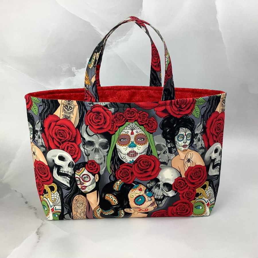 Image of Day of the Dead tote bag, Gothic shopper, handmade in Sussex