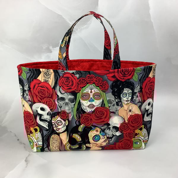 Day of the Dead tote bag, Gothic shopper, handmade in Sussex