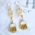 Oktoberfest Earrings, Citrine Gemstone Beading, Stein, Bierkrug Charms, Yellow