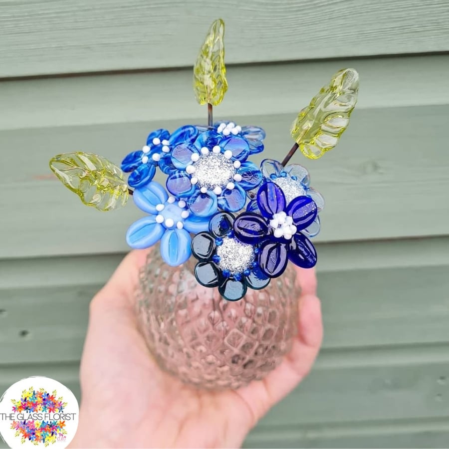 Glitter Flower Vase - Blue and White Glass Flowers with Cut Glass Vase