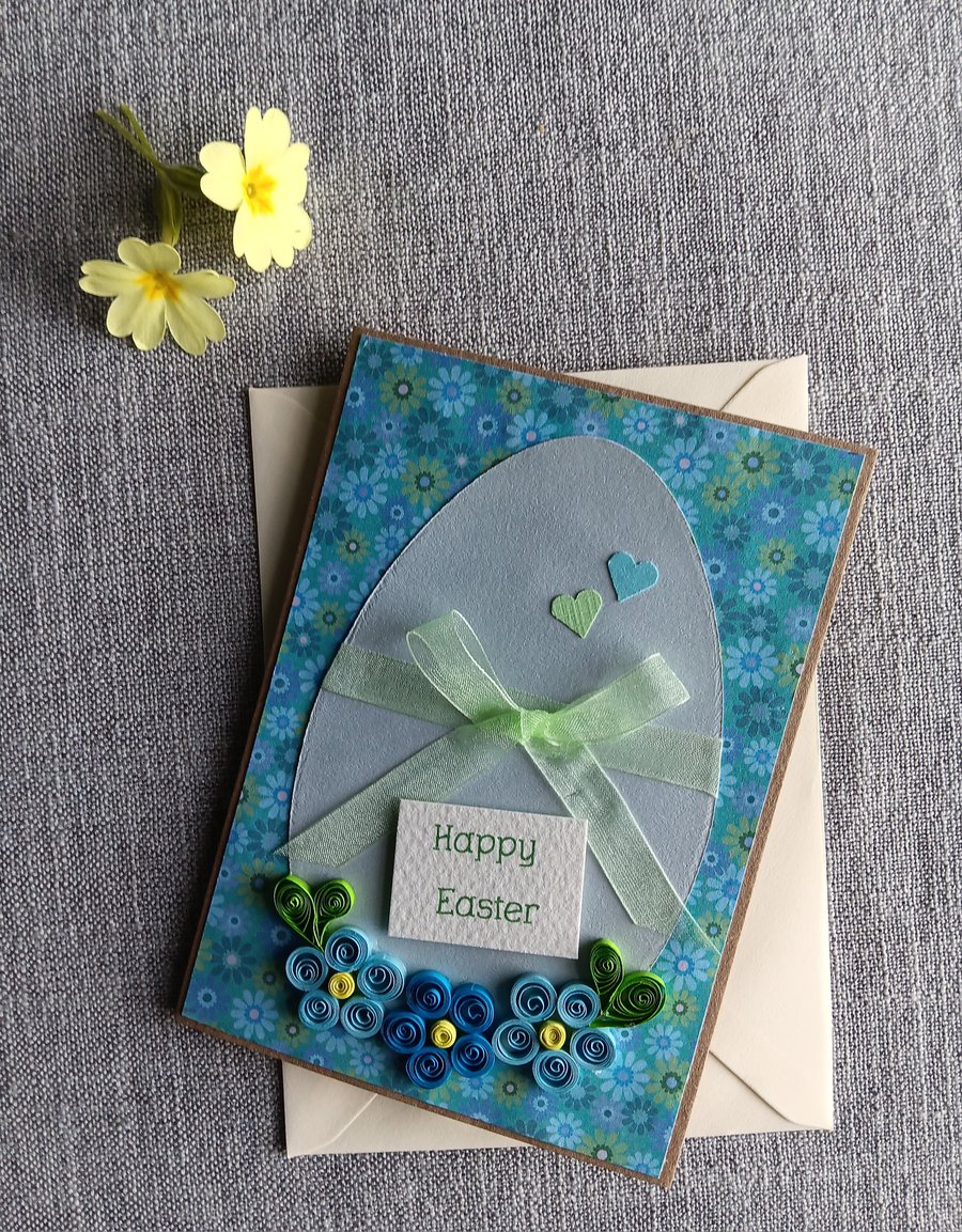 Blue Easter Egg Card with Quilled Flowers Size 6" x 4" (15cm x 10cm)