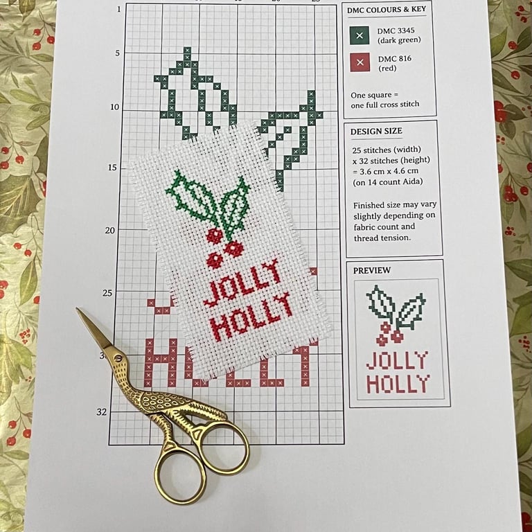 Simple 'Jolly Holly' Christmas Cross Stitch Pattern PDF Chart Perfect for Cards