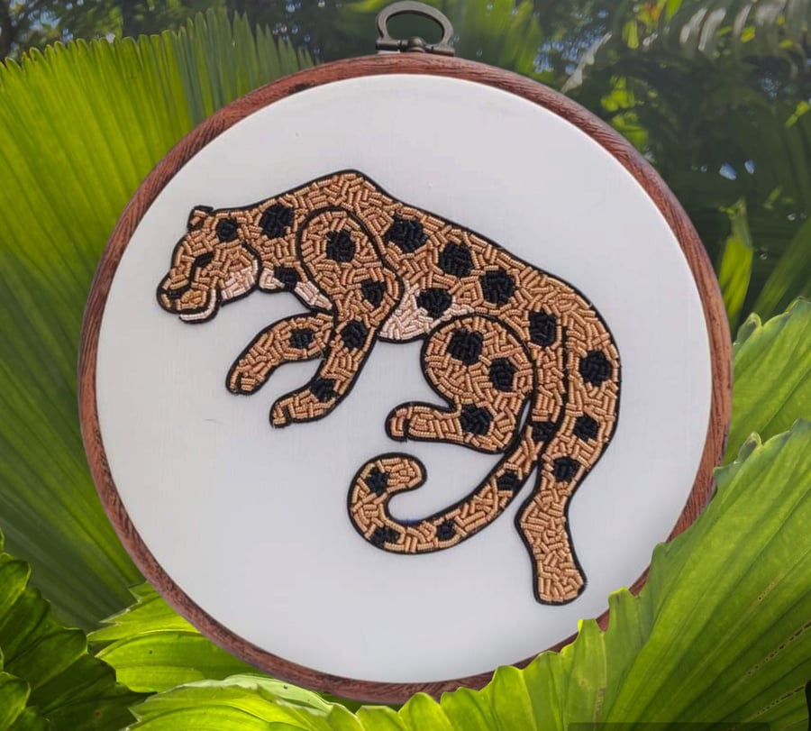 Goldwork Leopard Embroidery Hoop, Goldwork Embroidery Hoop Art, Leopard Gift for