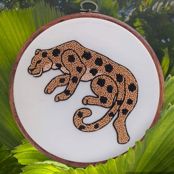 Goldwork Leopard Embroidery Hoop, Goldwork Embroidery Hoop Art, Leopard Gift for