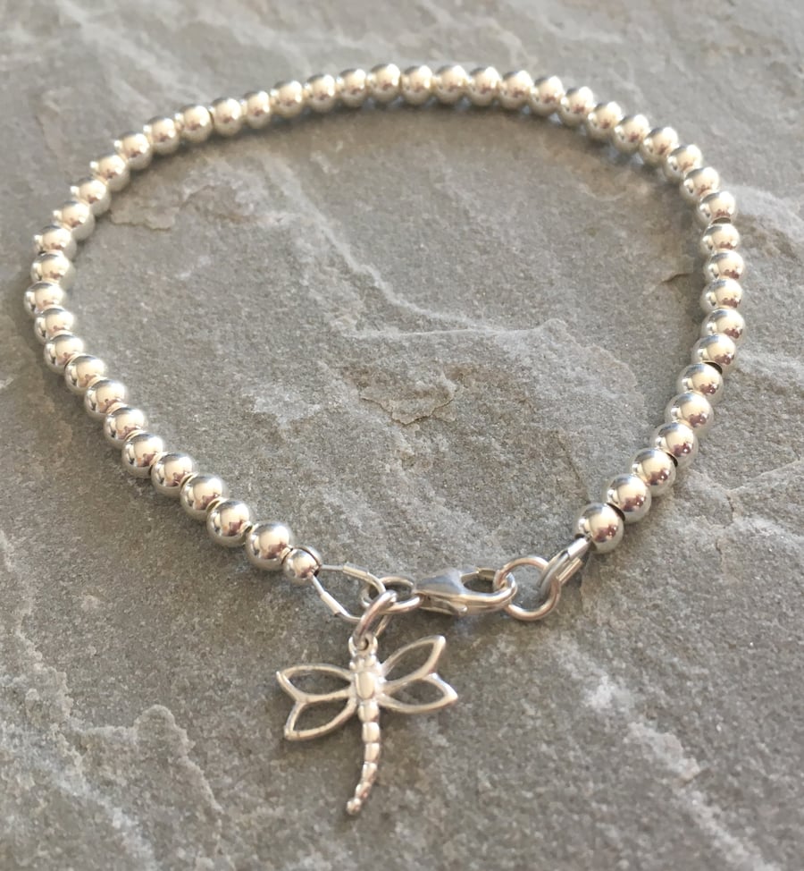Sterling Silver Dragonfly Bracelet, 925 Silver Beaded Ball Charm Bracelet