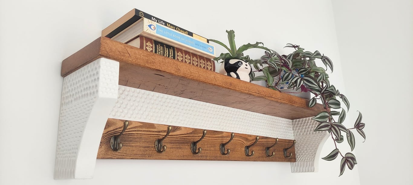 Solid Pine Coat Rack with Shelf, Carved Wood Entryway Hooks, Brass Hooks