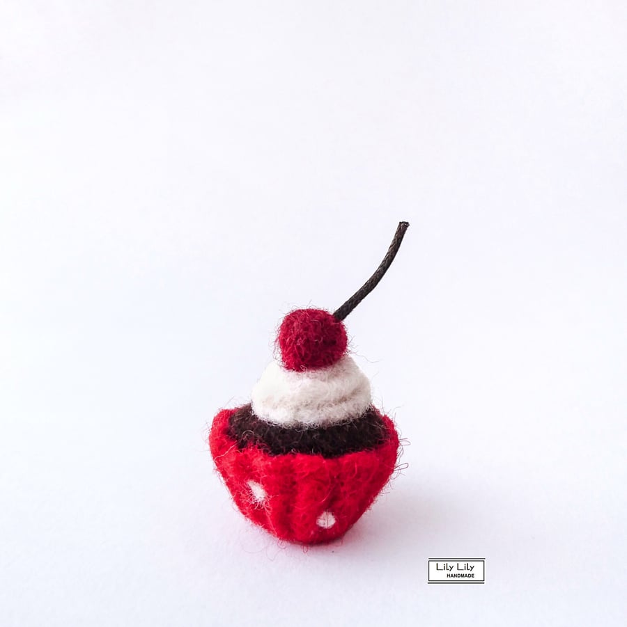 SOLD Chocolate cherry cupcake mini, needle felted by Lily Lily Handmade (no p&p)