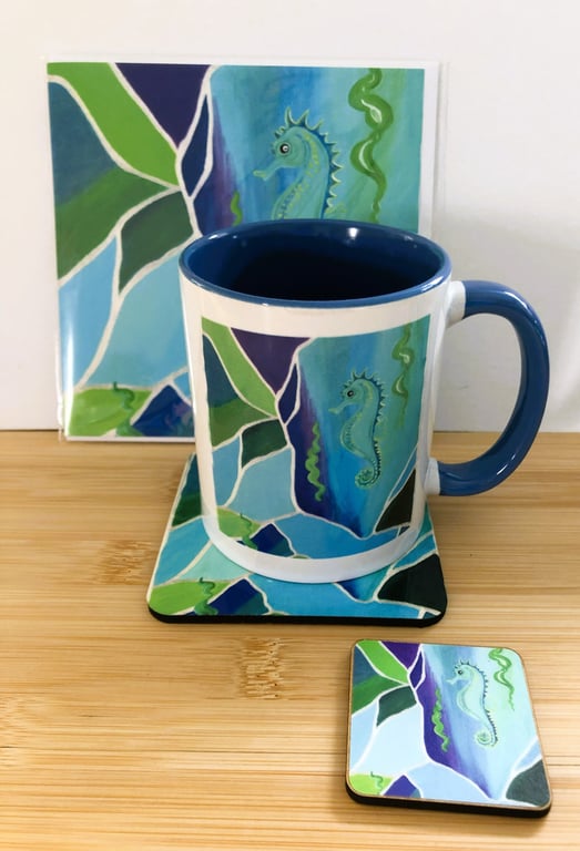 Seahorse mug bundle. Mug, coaster, fridge magnet and greeting card