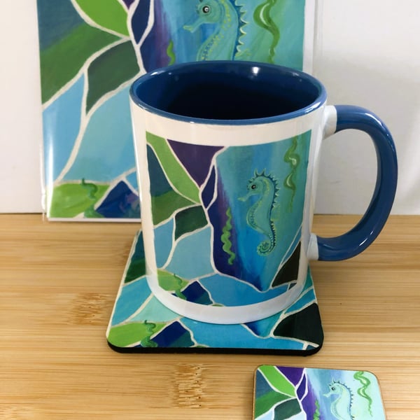 Seahorse mug bundle. Mug, coaster, fridge magnet and greeting card