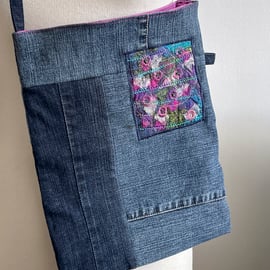 Recycled Denim Textile Shoulder Bag with Embroidered Panel 