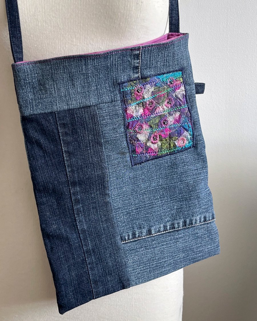 Repurposed  Denim Textile Shoulder Bag with Embroidered Panel 
