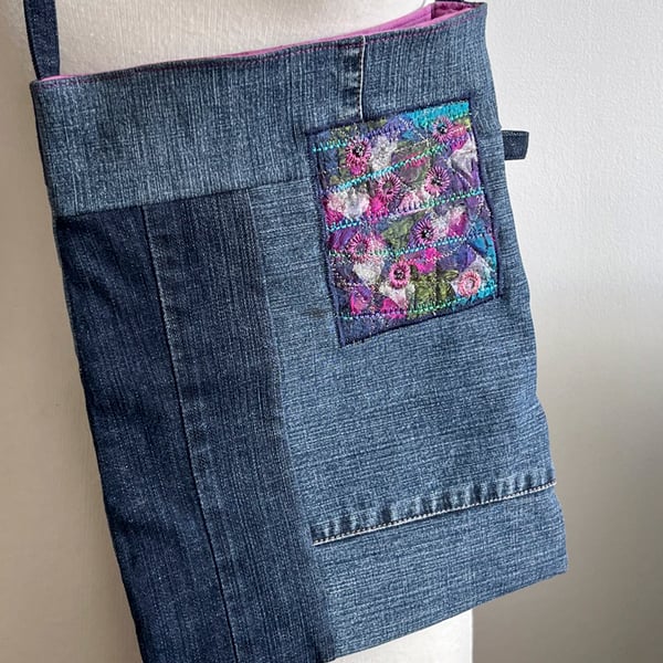 Repurposed  Denim Textile Shoulder Bag with Embroidered Panel 