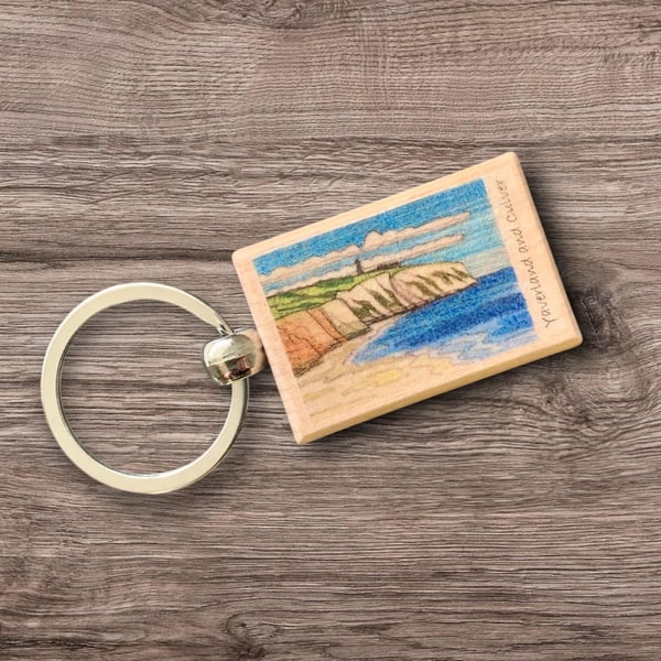 Isle of Wight Wooden Keyring featuring Yaverland Beach and Culver Down