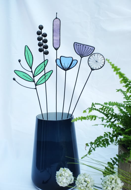 Forever Eternal Wild Flowers on stems - Handmade Stained Glass Flowers