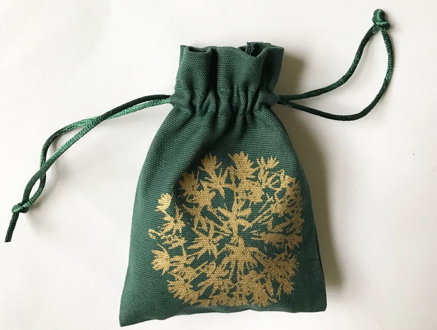 Gold floral drawstring green fabric small  bag hand printed allium flower design