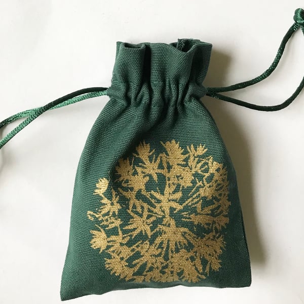 Gold floral drawstring green fabric small  bag hand printed allium flower design
