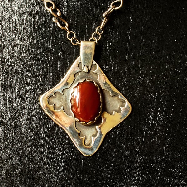 Silver Necklace  Handmade Carnelian Pendant - Viking  Style on Fancy Chain 