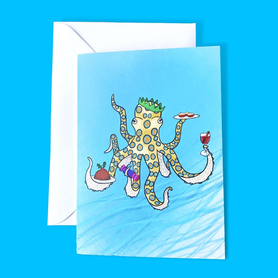 Octopus Christmas Party Illustration A6 Card