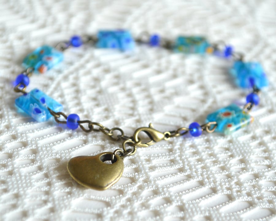 50% off! Blue Millefiori Bracelet with Bronze Heart Charm