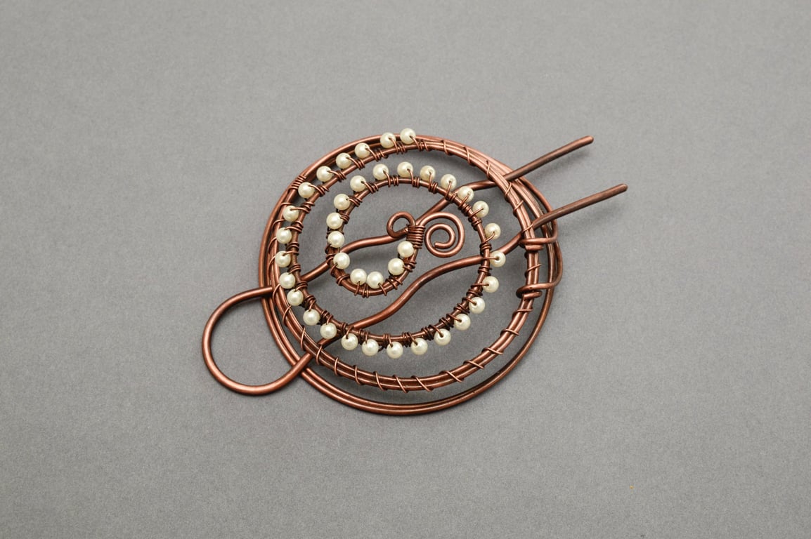 Antique copper Spiral Hair bun cage , White Beaded Bun Cage, 