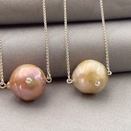 Large Single Metallic Nucleated Pearl with Drilled Swarovski Insert Necklace