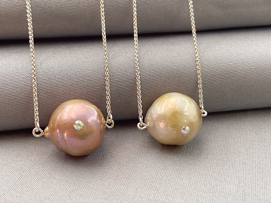 Large Single Metallic Nucleated Pearl with Drilled Swarovski Insert Necklace