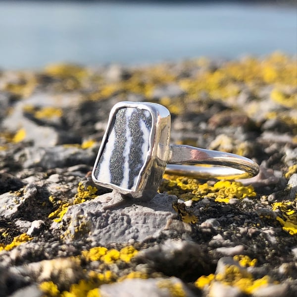 Black & White Stripe Sea Pottery Sterling Silver Ring - Size O - 1312