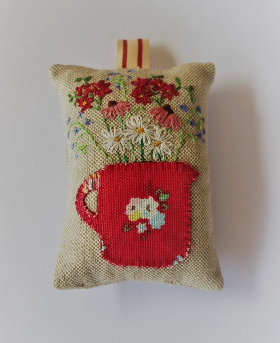 Hanging lavender bag with Cath Kidston  jug design and hand embroidery flowers