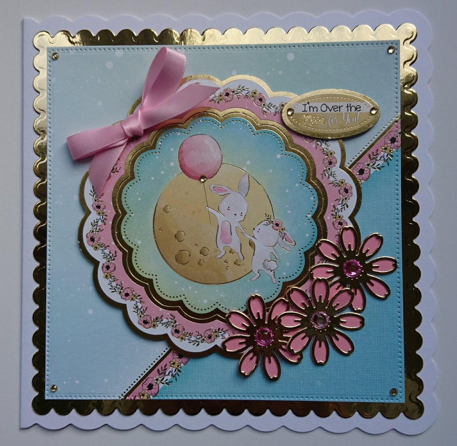 Valentine's Card Cute Bunny Rabbits I'm Over the Moon For You Love