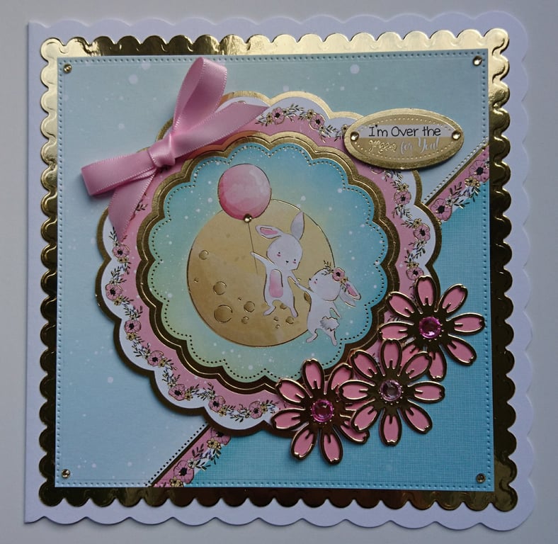 Valentine's Card Cute Bunny Rabbits I'm Over the Moon For You Love