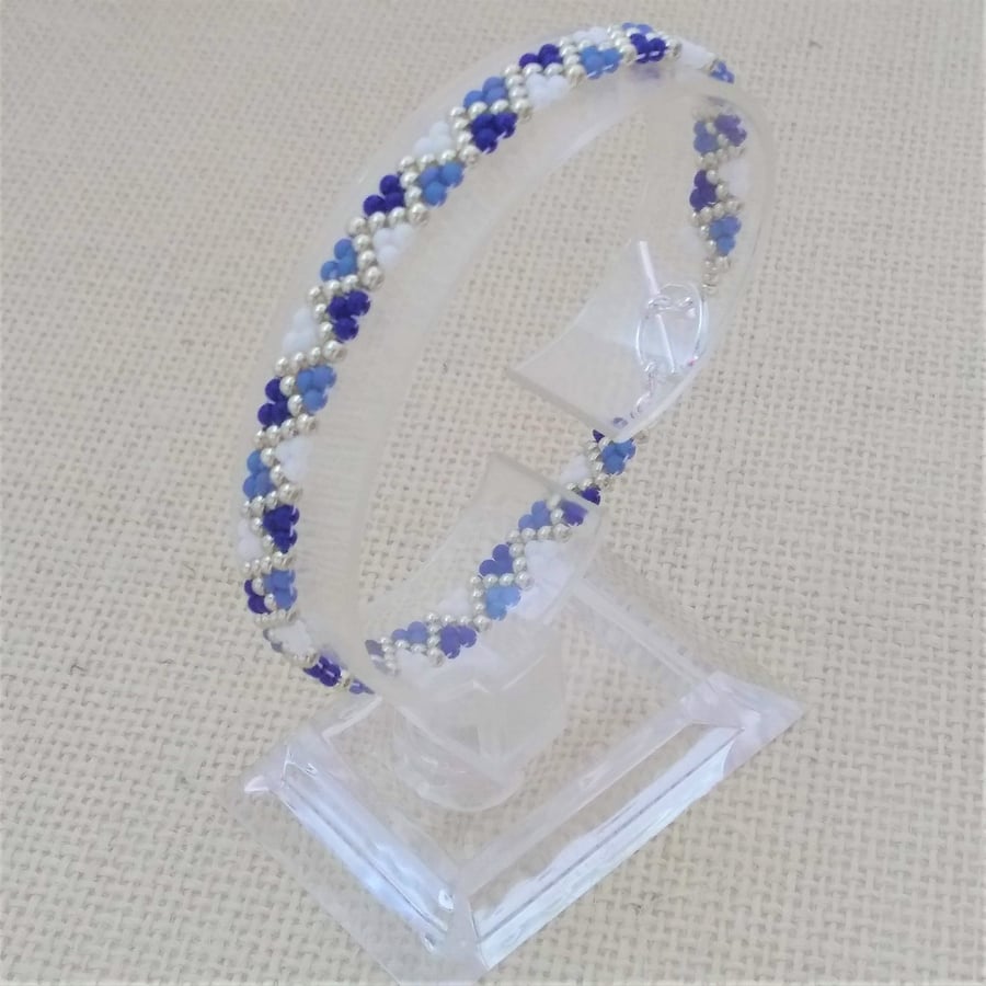 Navy, Blue, White and Silver Seed Beaded Bracelet