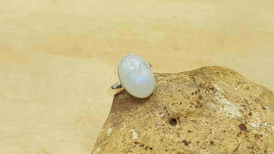 Simple oval Rainbow moonstone Ring. Sterling silver adjustable. June Birthstone