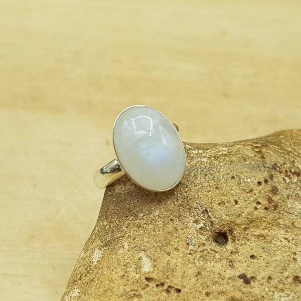 Simple oval Rainbow moonstone Ring. Sterling silver adjustable. June Birthstone